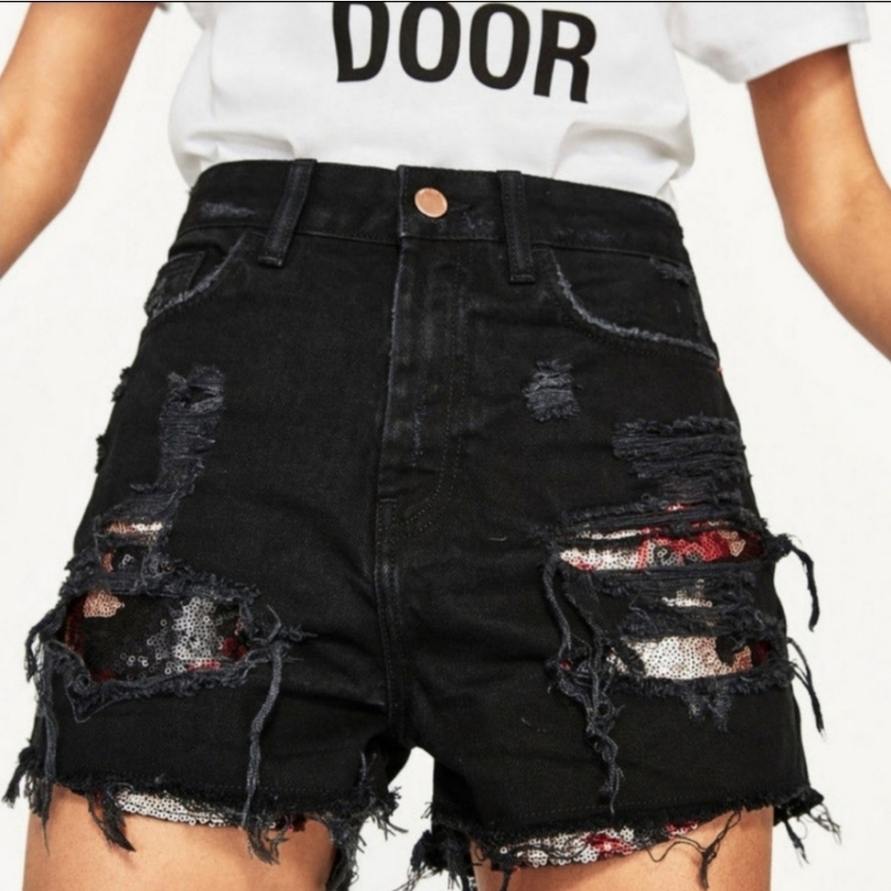 Zara Basic Z1975 Distressed Sequin Denim Shorts